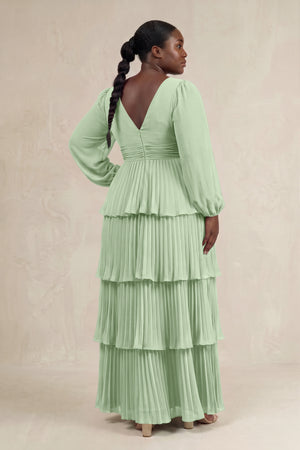Sage V-Neck Tiered A-Line Long Sleeve Bridesmaid Dress (2) [sizeplus] | KISSBRIDAL