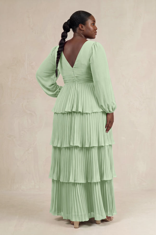 Sage V-Neck Tiered A-Line Long Sleeve Bridesmaid Dress (2) [sizeplus] | KISSBRIDAL