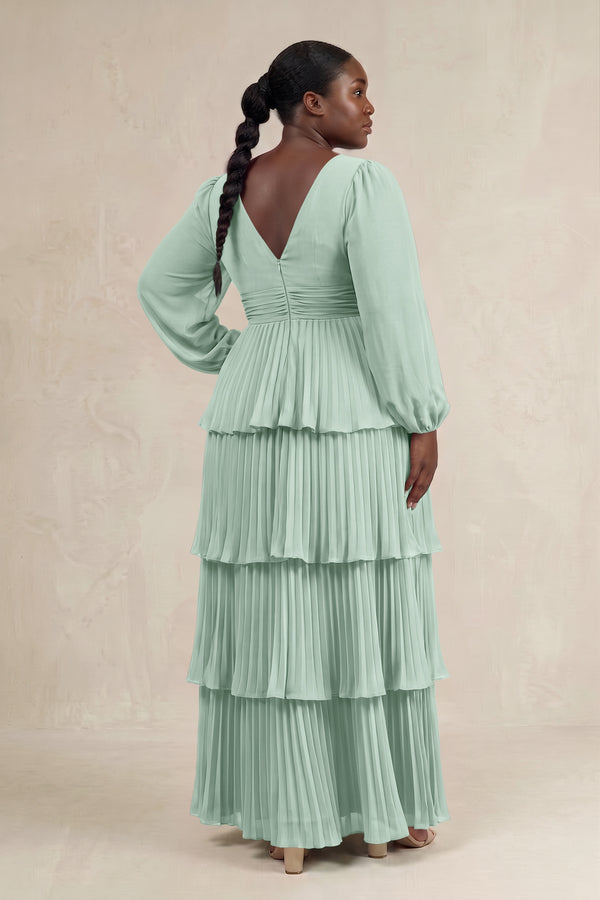 Sage V-Neck Tiered A-Line Long Sleeve Bridesmaid Dress (2) [sizeplus] | KISSBRIDAL