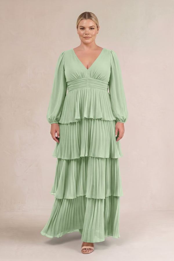 Sage V-Neck Tiered A-Line Long Sleeve Bridesmaid Dress (3) [sizeplus] | KISSBRIDAL
