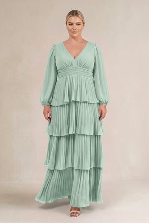 Sage V-Neck Tiered A-Line Long Sleeve Bridesmaid Dress (3) [sizeplus] | KISSBRIDAL