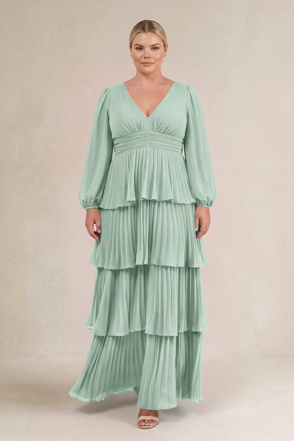 Sage V-Neck Tiered A-Line Long Sleeve Bridesmaid Dress (3) [sizeplus] | KISSBRIDAL