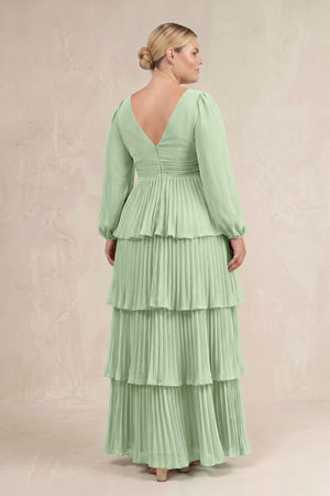 Sage V-Neck Tiered A-Line Long Sleeve Bridesmaid Dress (4) [sizeplus] | KISSBRIDAL