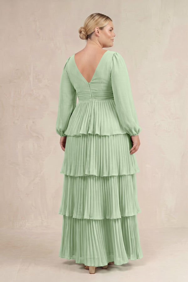Sage V-Neck Tiered A-Line Long Sleeve Bridesmaid Dress (4) [sizeplus] | KISSBRIDAL