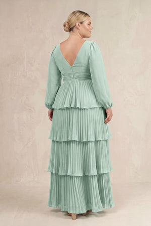 Sage V-Neck Tiered A-Line Long Sleeve Bridesmaid Dress (4) [sizeplus] | KISSBRIDAL