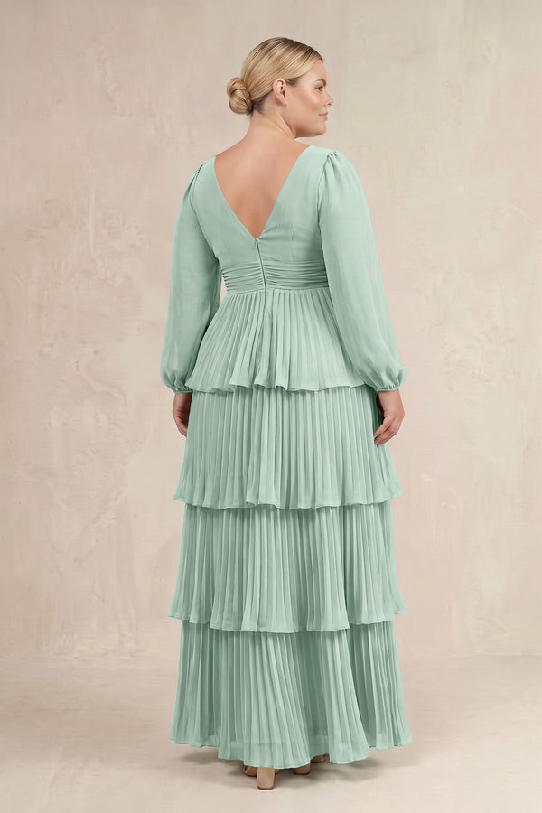 Sage V-Neck Tiered A-Line Long Sleeve Bridesmaid Dress (4) [sizeplus] | KISSBRIDAL