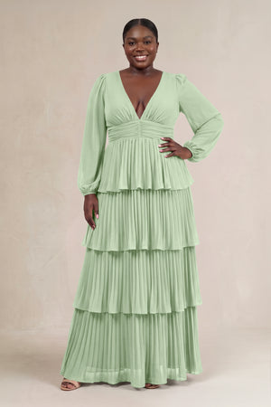 Sage V-Neck Tiered A-Line Long Sleeve Bridesmaid Dress [sizeplus] | KISSBRIDAL