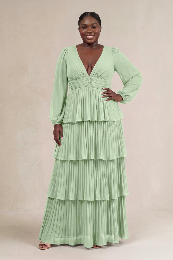 Sage V-Neck Tiered A-Line Long Sleeve Bridesmaid Dress [sizeplus] | KISSBRIDAL