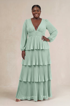 Sage V-Neck Tiered A-Line Long Sleeve Bridesmaid Dress [sizeplus] | KISSBRIDAL