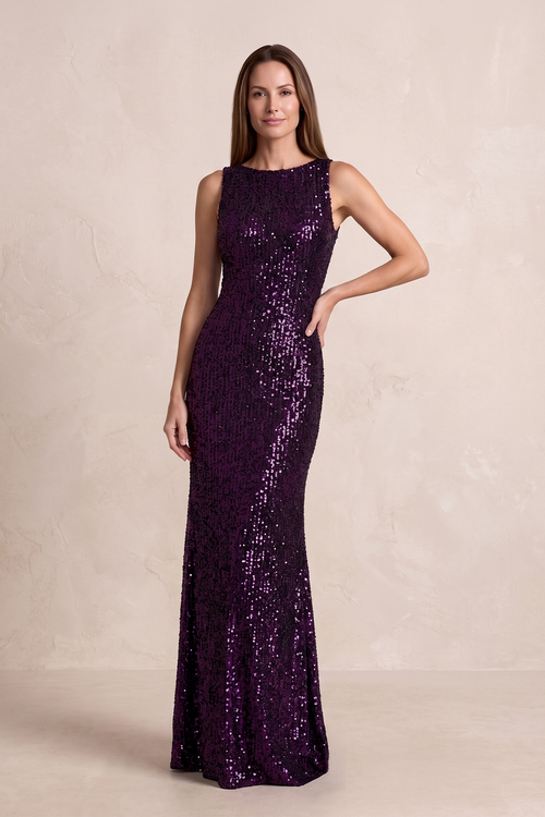 Sangria Bateau Neck Sheath Sequins Mother of the Bride Dress with V-Back | KISSBRIDAL