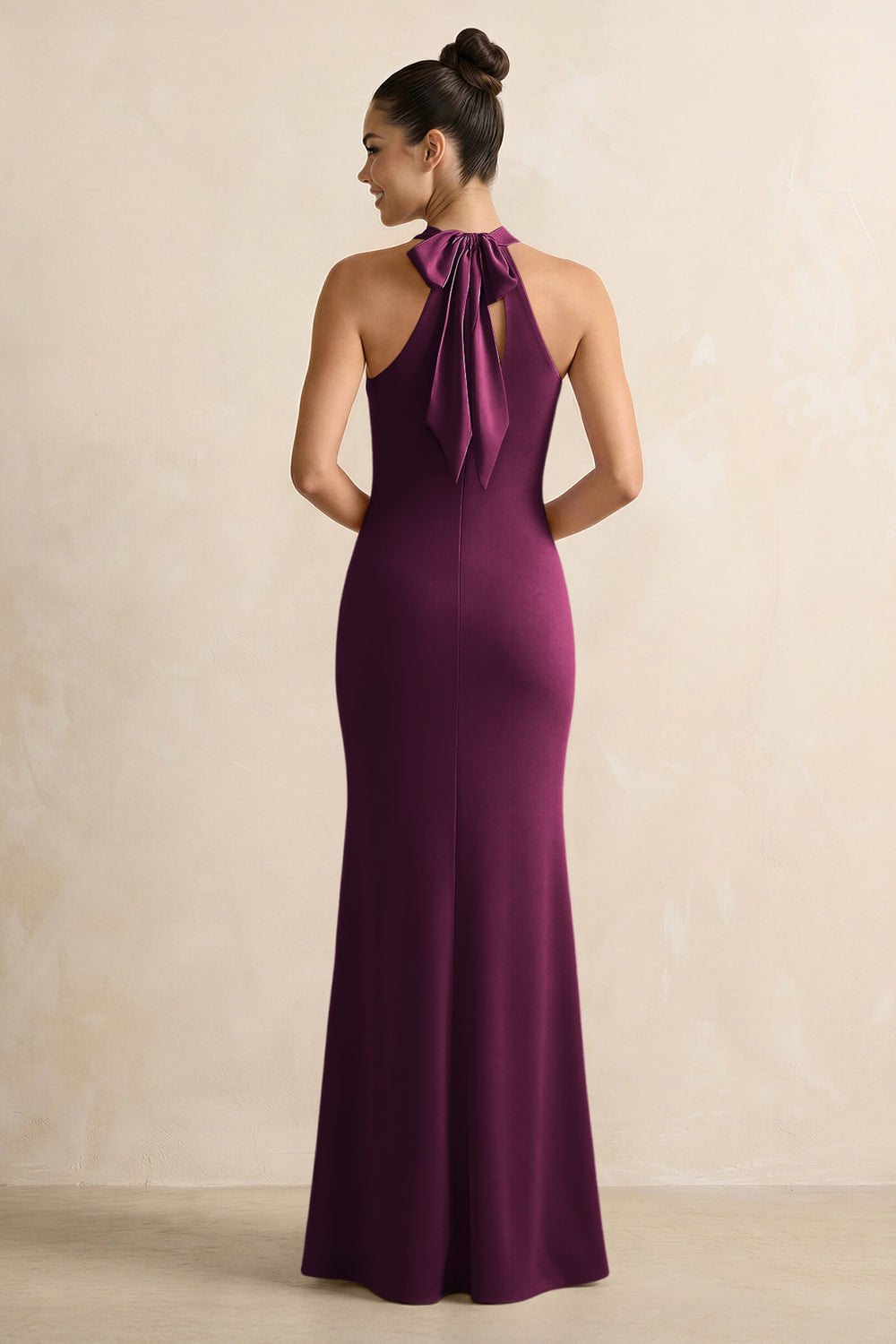 Crisscross Halter Sheath Satin Bridesmaid Dress with Bow in Sangria