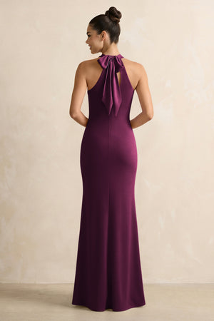 Sangria Crisscross Halter Sheath Satin Bridesmaid Dress with Bow (2) | KISSBRIDAL