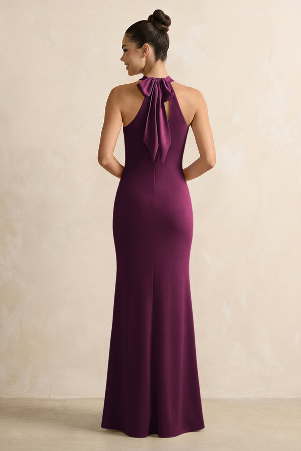 Sangria Crisscross Halter Sheath Satin Bridesmaid Dress with Bow (2) | KISSBRIDAL