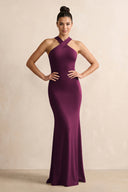 Sangria Crisscross Halter Sheath Satin Bridesmaid Dress with Bow | KISSBRIDAL