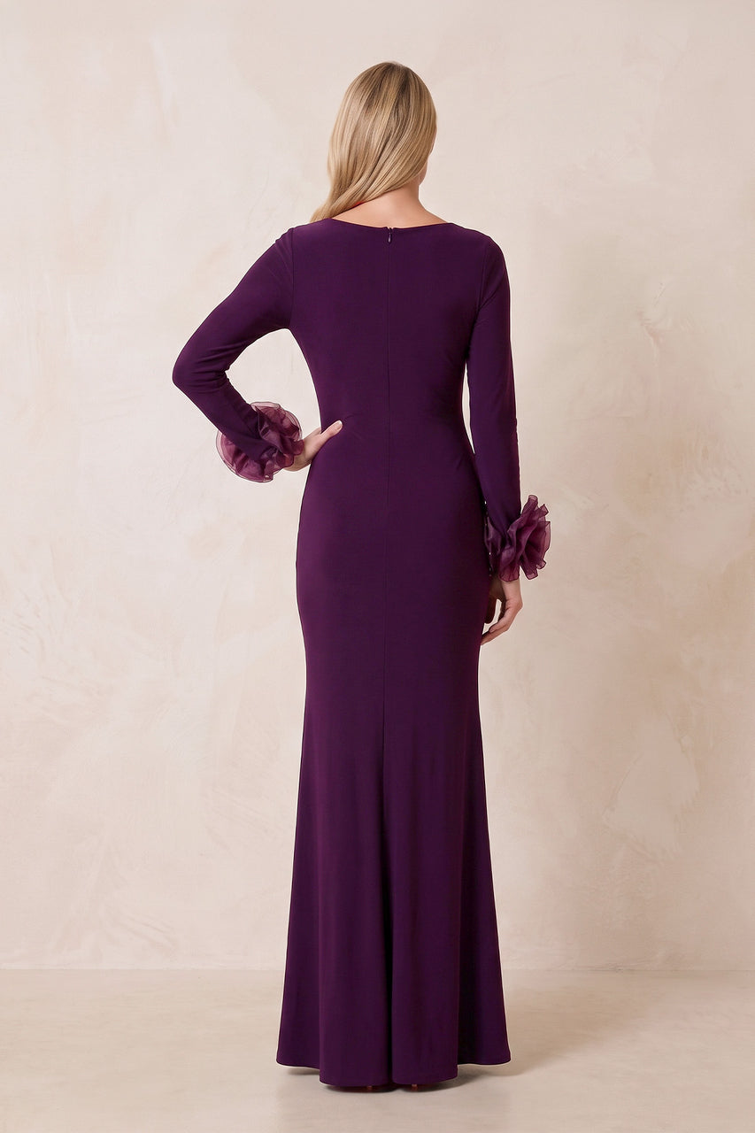 Sangria Linen Sheath Long Sleeves Mother of the Bride Dress With 3D Flowers