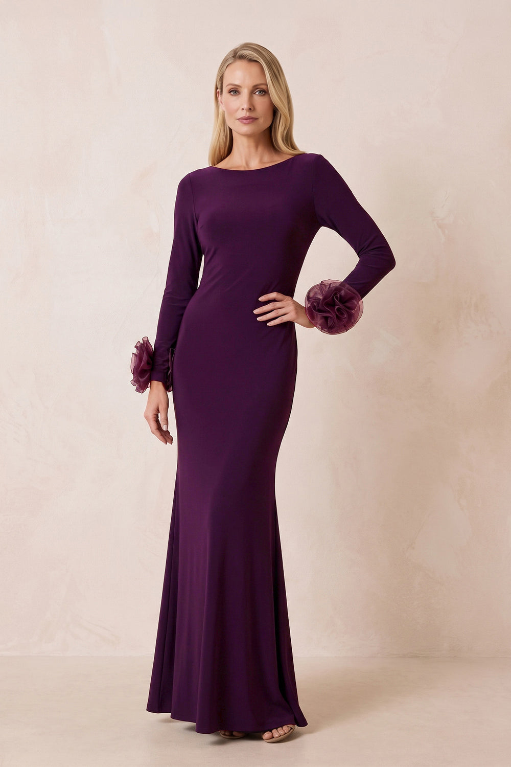 Sangria Linen Sheath Long Sleeves Mother of the Bride Dress With 3D Flowers