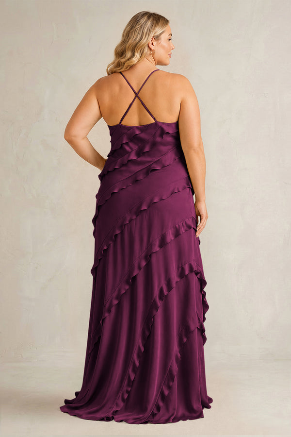 Sangria Spaghetti Straps Sheath Stain Ruffled Bridesmaid Dress (2) | KISSBRIDAL[sizeplus]