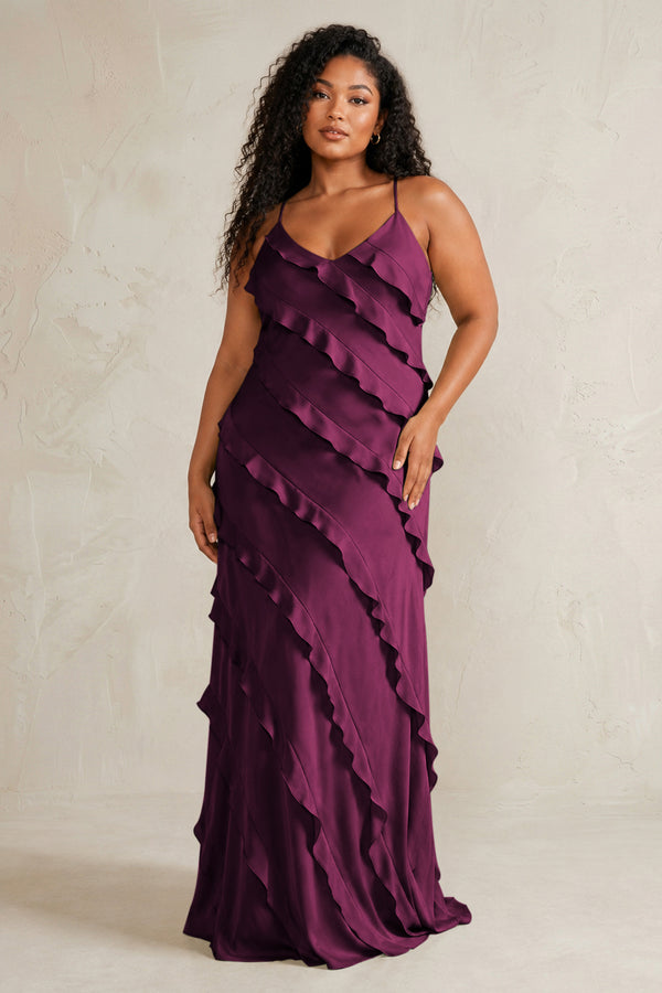 Sangria Spaghetti Straps Sheath Stain Ruffled Bridesmaid Dress (3) | KISSBRIDAL[sizeplus]