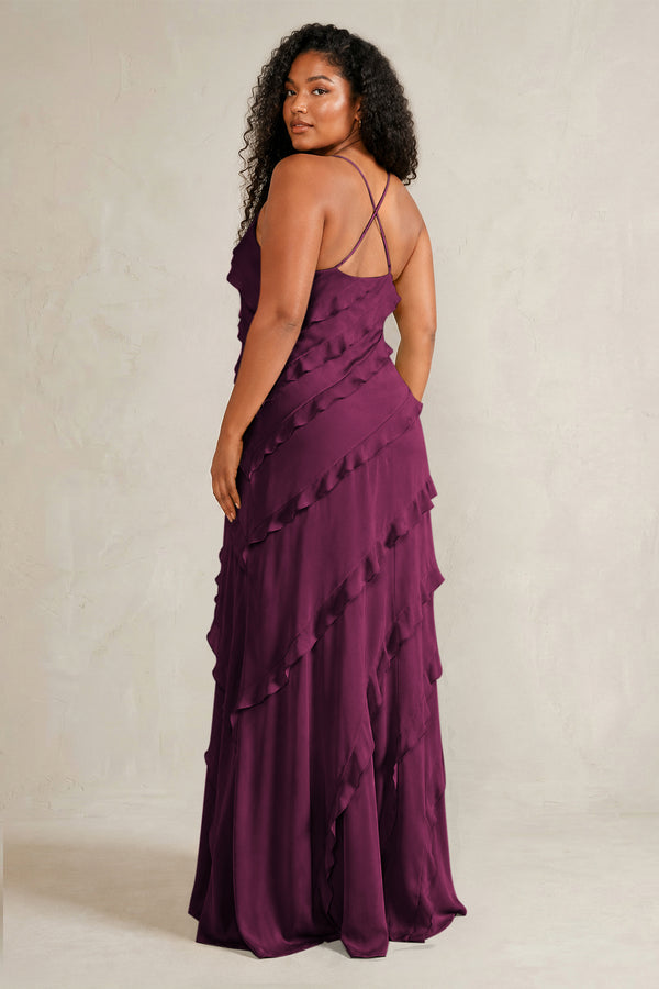Sangria Spaghetti Straps Sheath Stain Ruffled Bridesmaid Dress (4) | KISSBRIDAL[sizeplus]