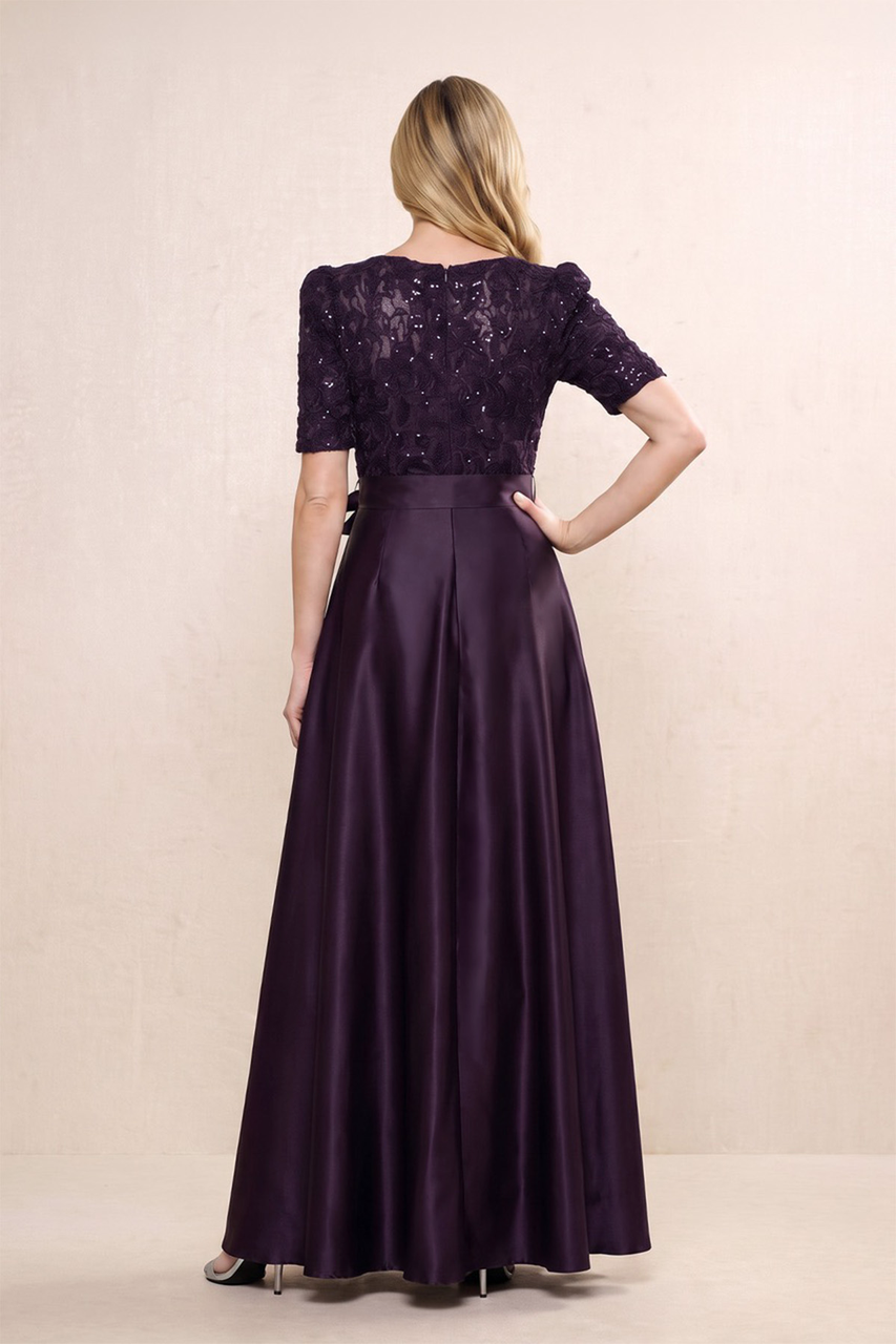 Sangria V-Neck A-Line Short Sleeves Satin Mother of the Bride Dress With Sequins