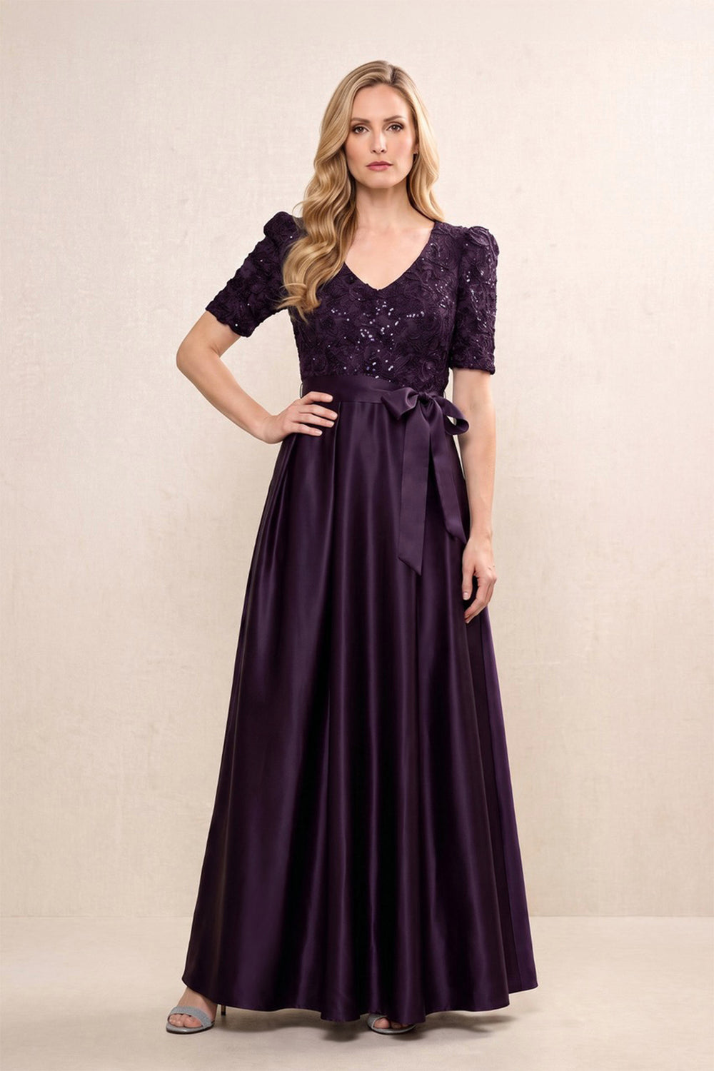 Sangria V-Neck A-Line Short Sleeves Satin Mother of the Bride Dress With Sequins