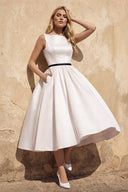 Satin A - Line Bateau Neck Midi Wedding Dress in White - SHE IS ME Wedding Dresses