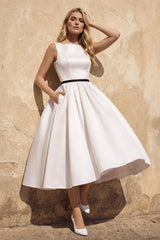 Satin A - Line Bateau Neck Midi Wedding Dress in White - KISS BRIDAL Wedding Dresses