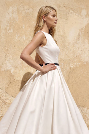 Satin A - Line Bateau Neck Midi Wedding Dress in White - SHE IS ME Wedding Dresses