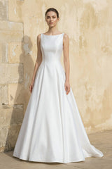 Satin A Line Open Back Ball Gown With Bow in White - KISS BRIDAL Wedding Dresses
