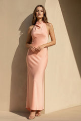 Satin Cowl Neck Midi Dress in Coral Pink - KISSBRIDAL