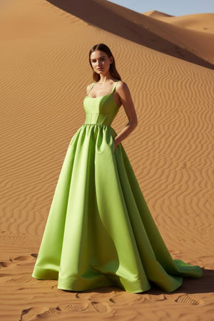 Satin Gown With Pockets in Green - SHE IS ME