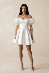 Satin Lace Off - the - Shoulder A - Line Wedding Dress in White - KISS BRIDAL Wedding Dresses