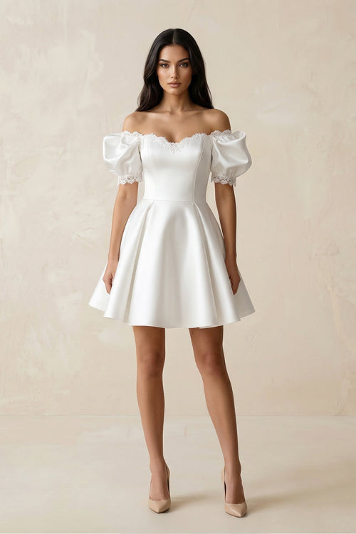 Satin Lace Off - the - Shoulder A - Line Wedding Dress in White - SHE IS ME Wedding Dresses