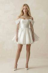Satin Off - the - Shoulder A - Line Ruched Wedding Dress With Sleeves in White - KISS BRIDAL Wedding Dresses