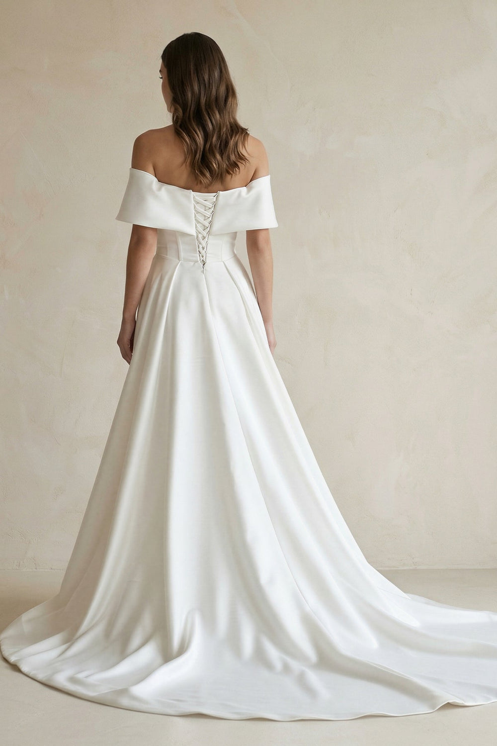 Satin Off - the - Shoulder Mermaid Weddding Dress With Cape Train in White - KISS BRIDAL Wedding Dresses