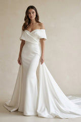 Satin Off - the - Shoulder Mermaid Weddding Dress With Cape Train in White - KISS BRIDAL Wedding Dresses