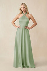 Halter Neck Satin A - Line Bridesmaid Gown with Bow - KISS BRIDAL Bridesmaid Dresses