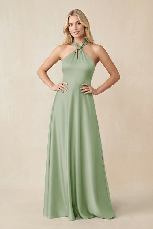 Halter Neck Satin A - Line Bridesmaid Gown with Bow - KISS BRIDAL Bridesmaid Dresses