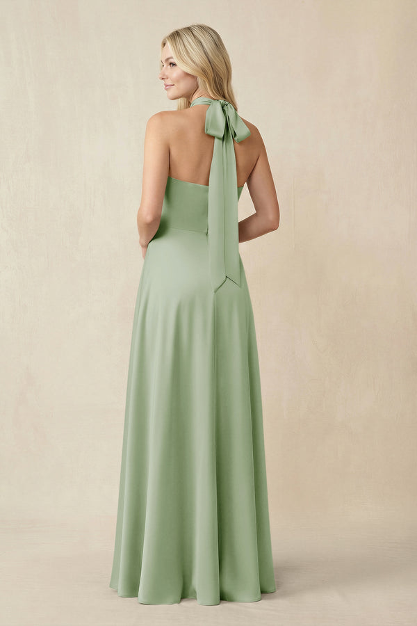 Halter Neck Satin A - Line Bridesmaid Gown with Bow - KISS BRIDAL Bridesmaid Dresses