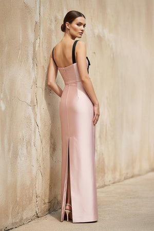 Satin Sheath Gown With Bow in Pink - SHE IS ME