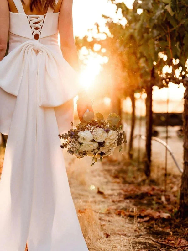 Satin Sheath Wedding Dress With Bow in Ivory - SHE IS ME Wedding Dresses