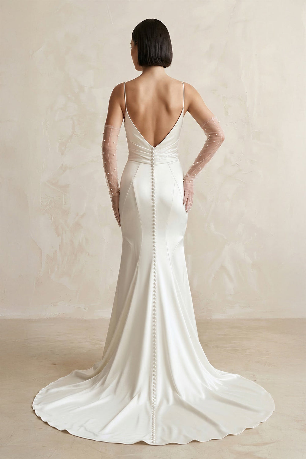 Satin Spaghetti Straps Mermaid Wedding Dress With Sleeve in White - KISS BRIDAL Wedding Dresses