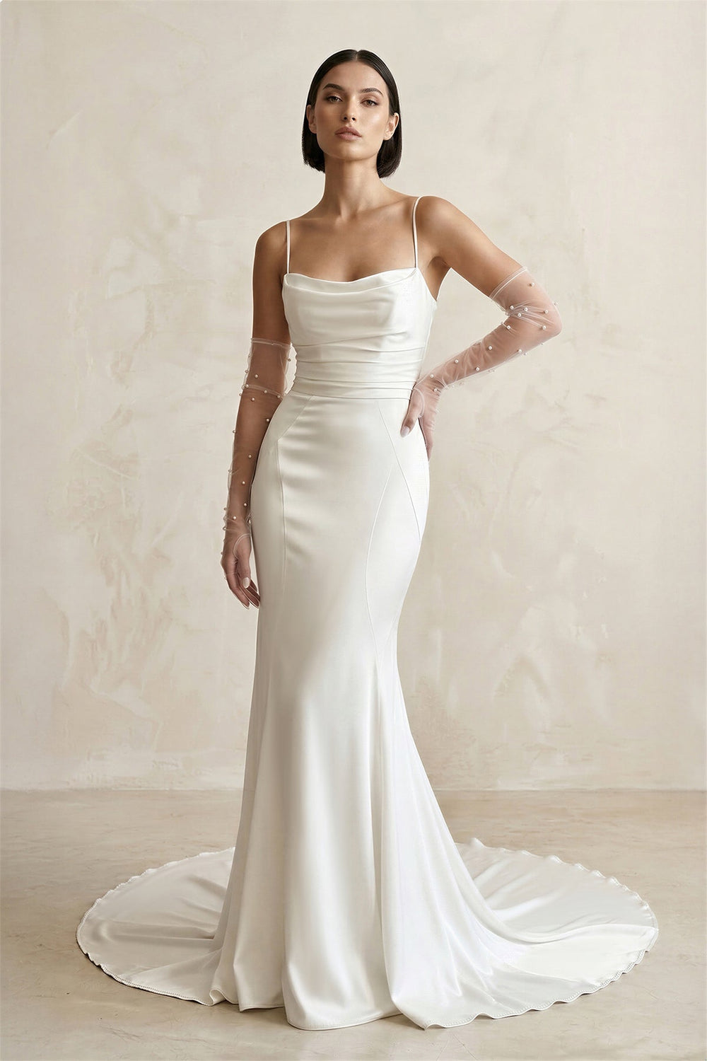 Satin Spaghetti Straps Mermaid Wedding Dress With Sleeve in White - KISS BRIDAL Wedding Dresses
