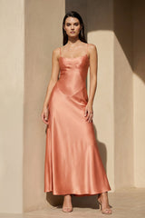 Satin Spaghetti Straps Midi Dress in Coral Pink - KISSBRIDAL