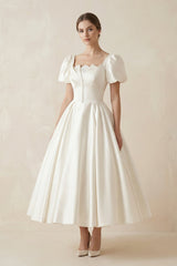 Satin Square Neck Short Sleeve Lace Up Wedding Dress in Ivory - KISS BRIDAL Wedding Dresses