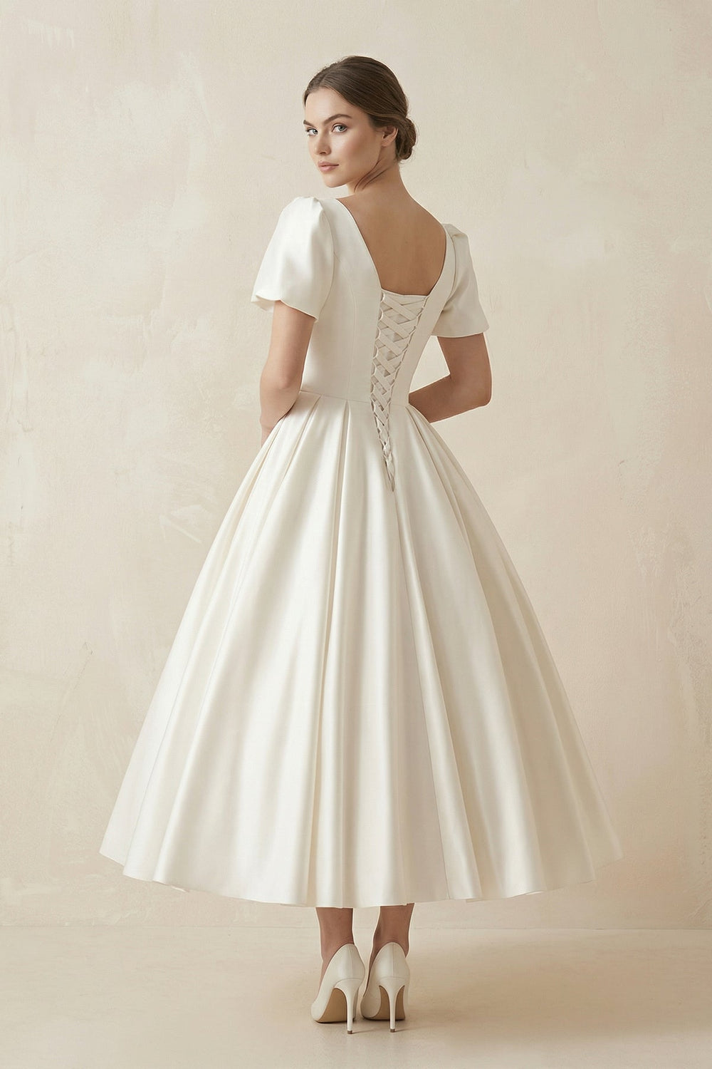 Satin Square Neck Short Sleeve Lace Up Wedding Dress in Ivory - SHE IS ME Wedding Dresses