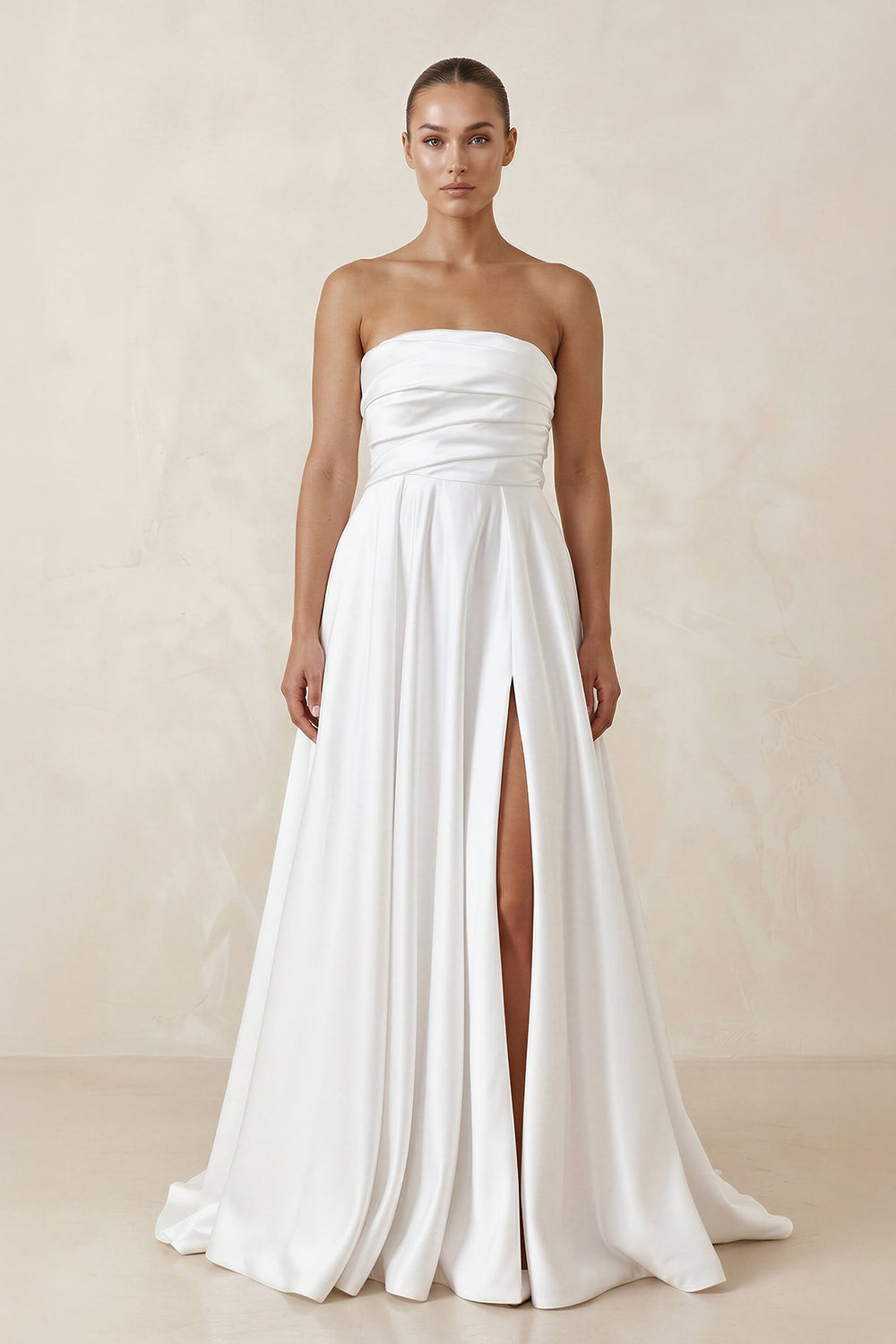 Satin Strapless A - Line Ruched Wedding Dress With Slit in White - KISS BRIDAL Wedding Dresses