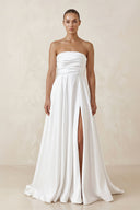 Satin Strapless A - Line Ruched Wedding Dress With Slit in White - SHE IS ME Wedding Dresses