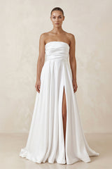 Satin Strapless A - Line Ruched Wedding Dress With Slit in White - KISS BRIDAL Wedding Dresses
