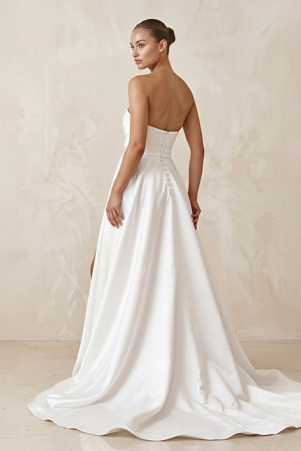 Satin Strapless A - Line Ruched Wedding Dress With Slit in White - SHE IS ME Wedding Dresses